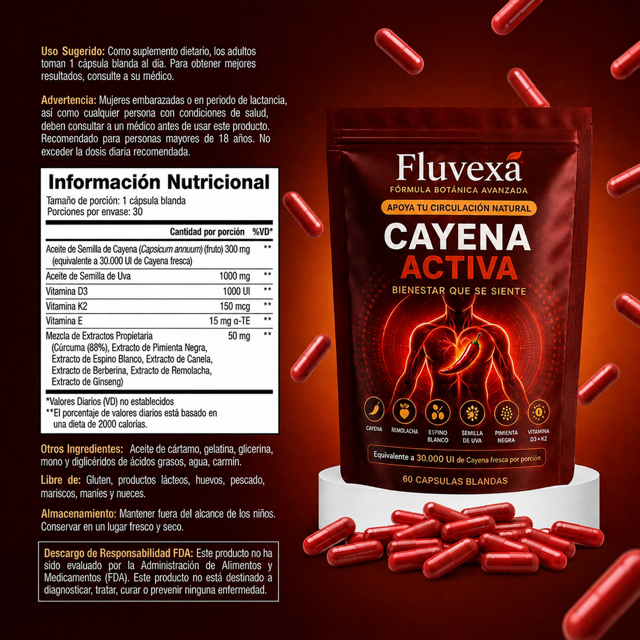 Rótulo de Fluvexa Cayena Activa con información nutricional y modo de uso