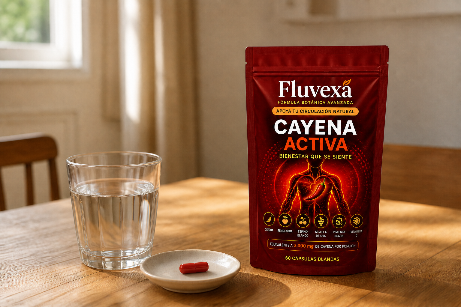 Envase rojo de Fluvexa junto a un vaso de agua y una cápsula blanda