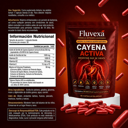 Rótulo de Fluvexa Cayena Activa con información nutricional y modo de uso